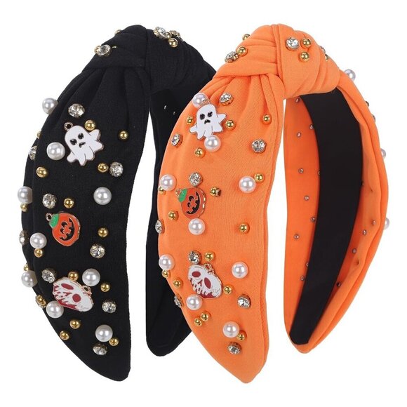 Halloween Headbands 2 Pack Wide Knot Ghost Pumpkin Skull Rhinestone Pearl main image 6